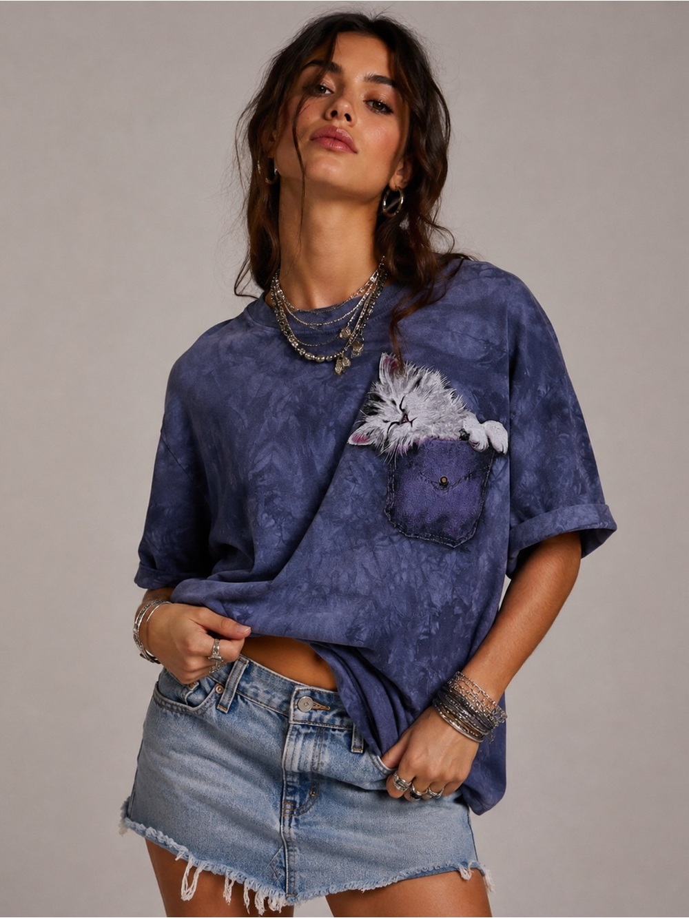 Vintage The Mountain Cat Pocket Graphic Tie Dye T-Shirt Large Purple 90s Y2K